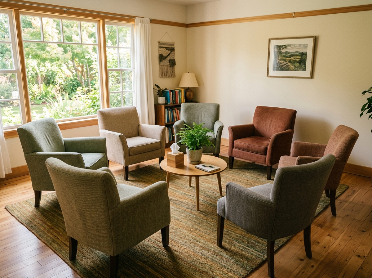 A bright group therapy room with a circle of empty chairs, ready to be filled